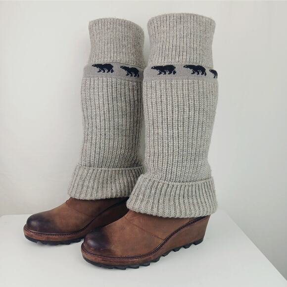 Sorel Women's SZ 11 Brown Gray Leather Crazy Cable Knit Sweater Wedge Boots Rare - Picture 4 of 9